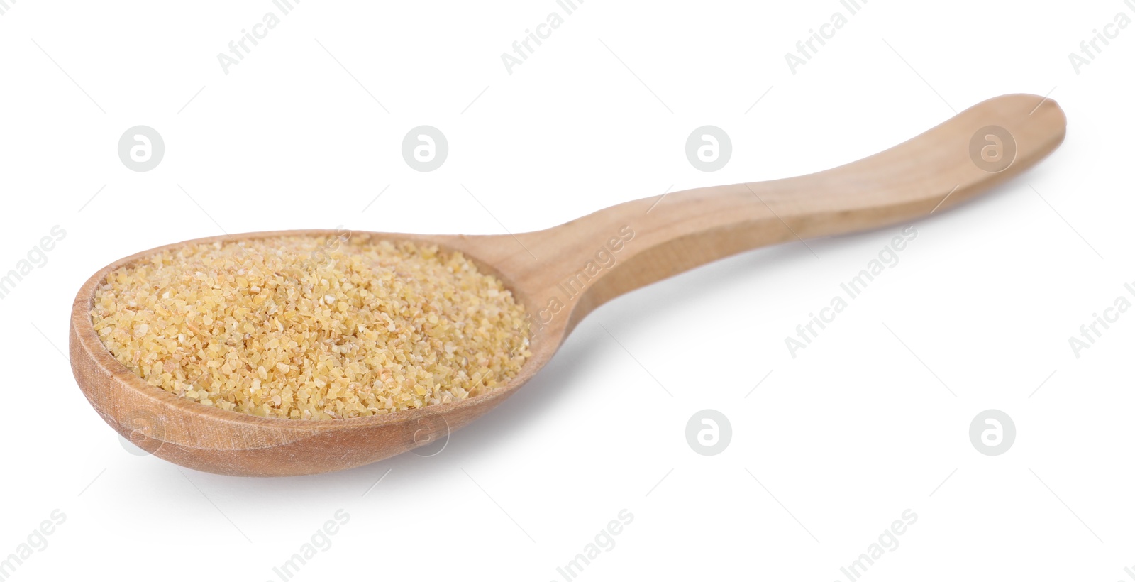 Photo of Spoon with raw wheat groats isolated on white