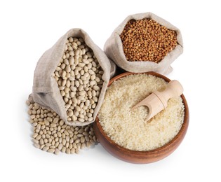 Beans, rice and buckwheat isolated on white, top view