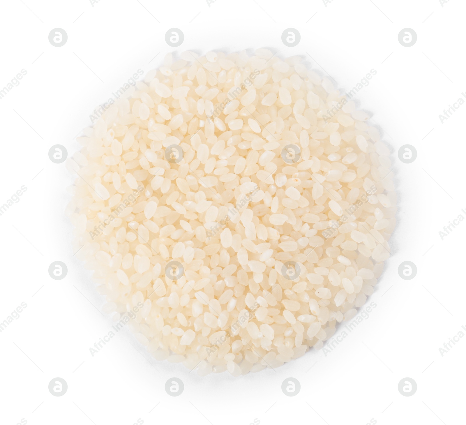 Photo of Raw rice isolated on white, top view