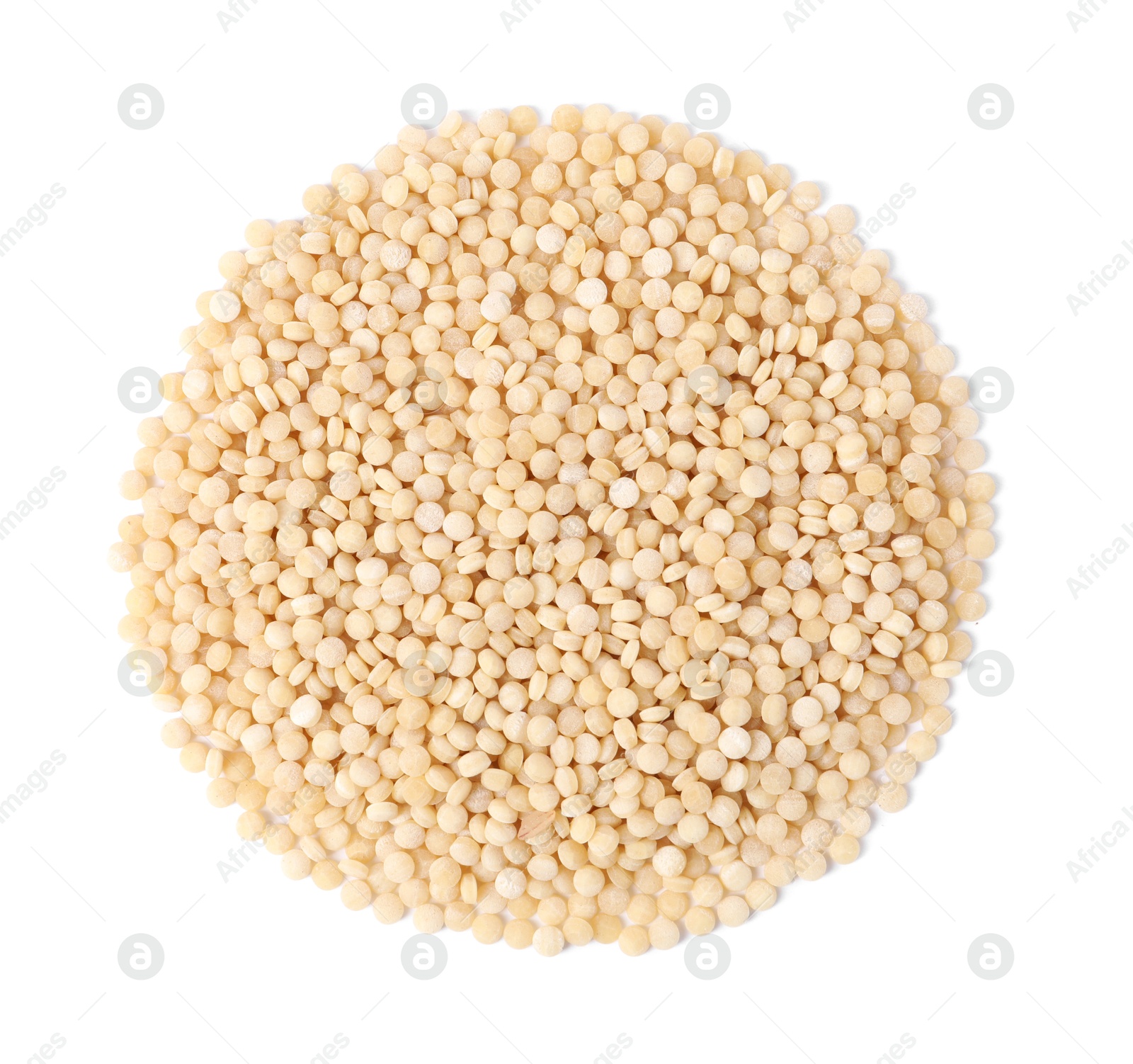 Photo of Raw couscous isolated on white, top view