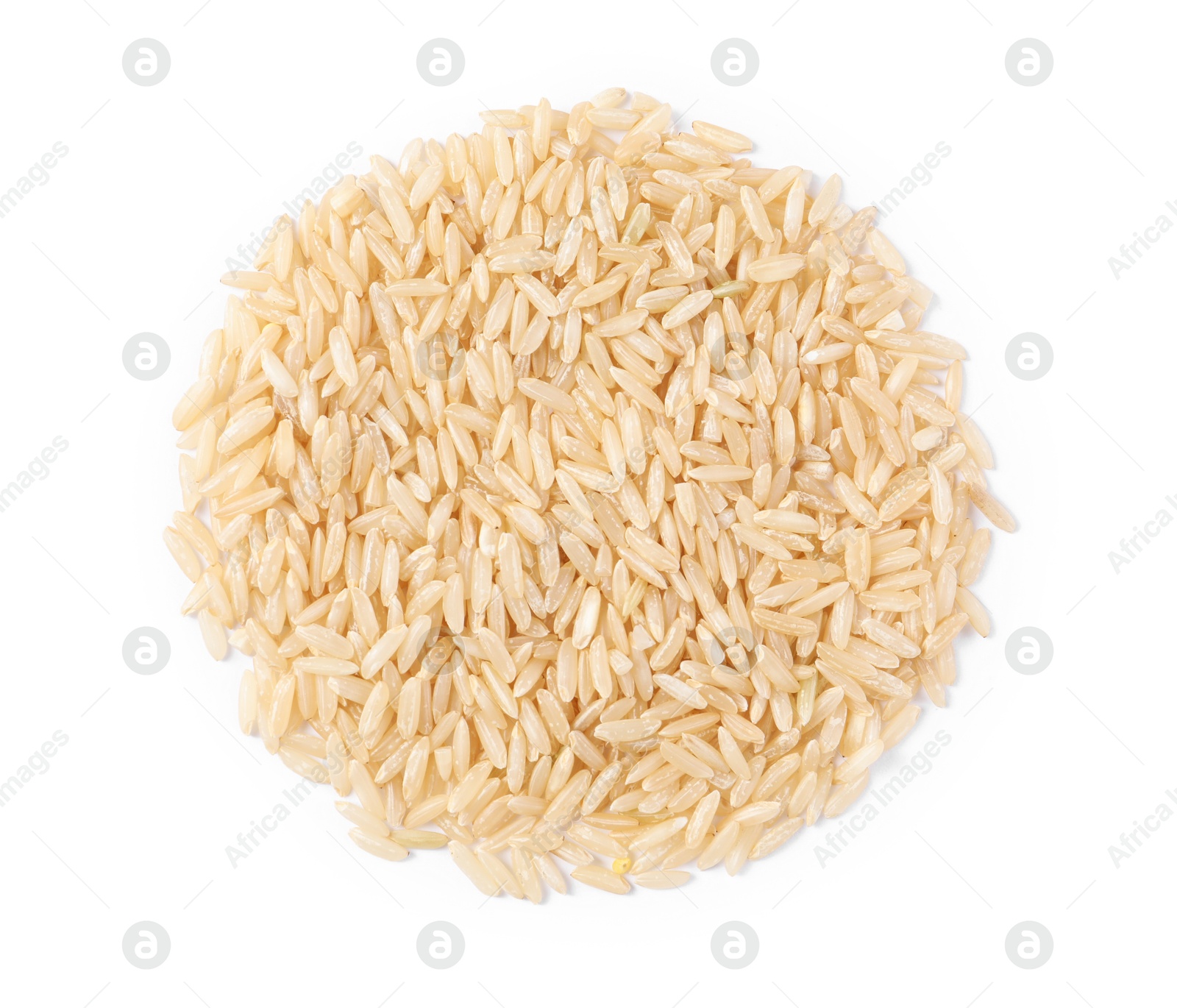 Photo of Raw rice isolated on white, top view