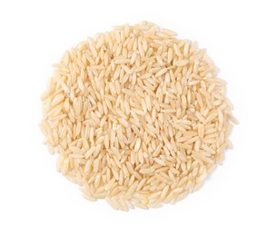 Raw rice isolated on white, top view