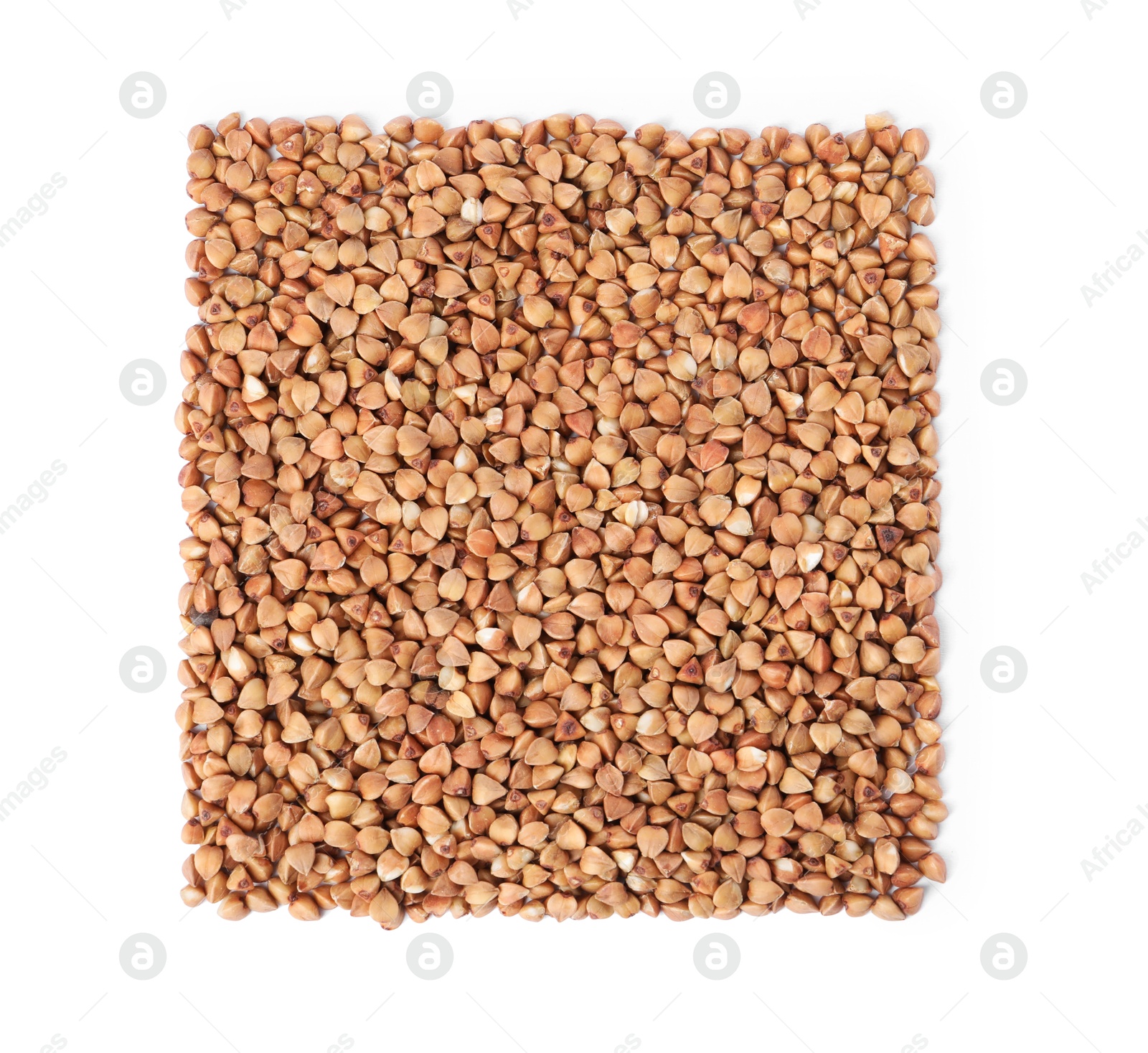 Photo of Raw buckwheat isolated on white, top view