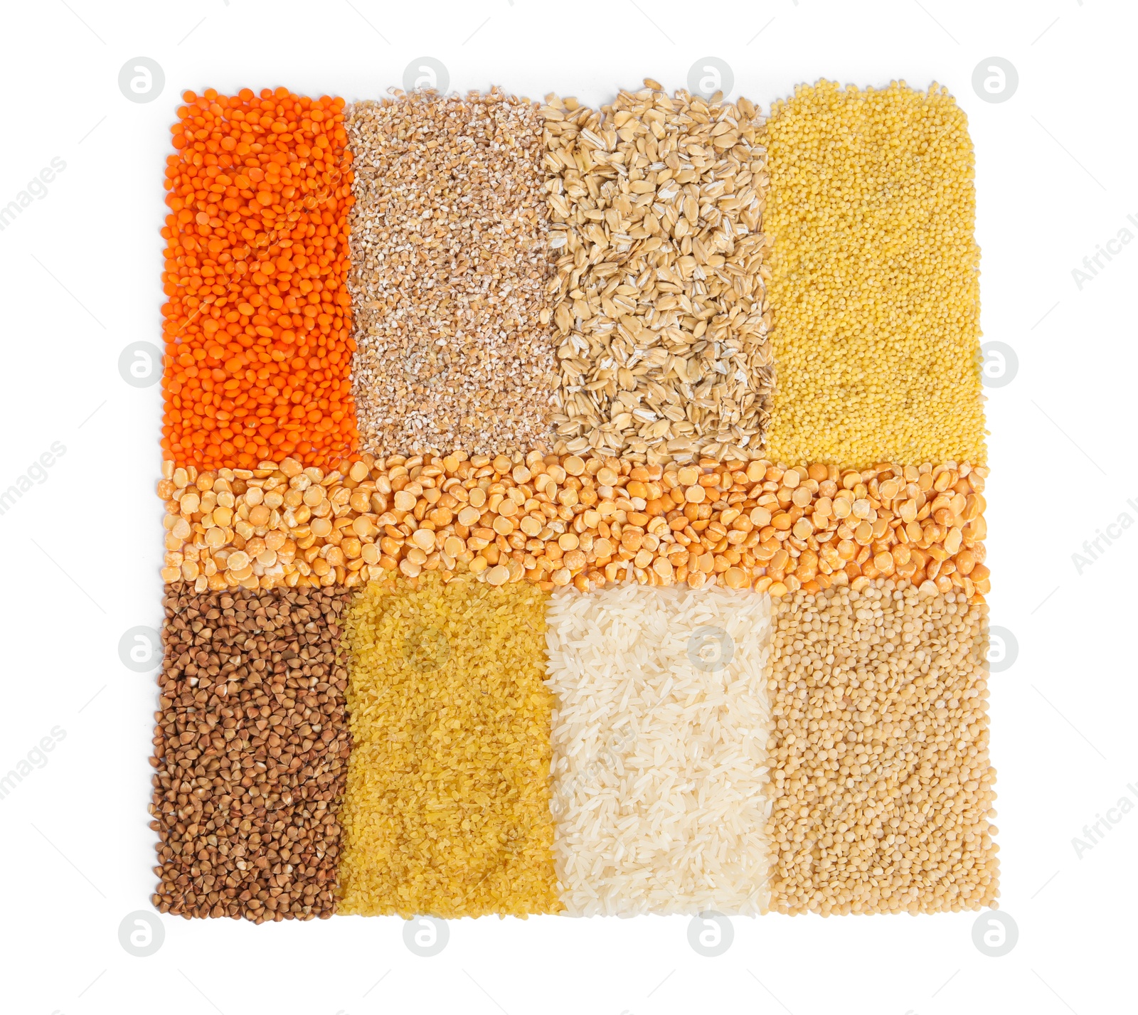 Photo of Piles of different cereals and legumes isolated on white, top view