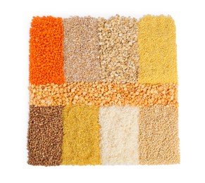 Piles of different cereals and legumes isolated on white, top view