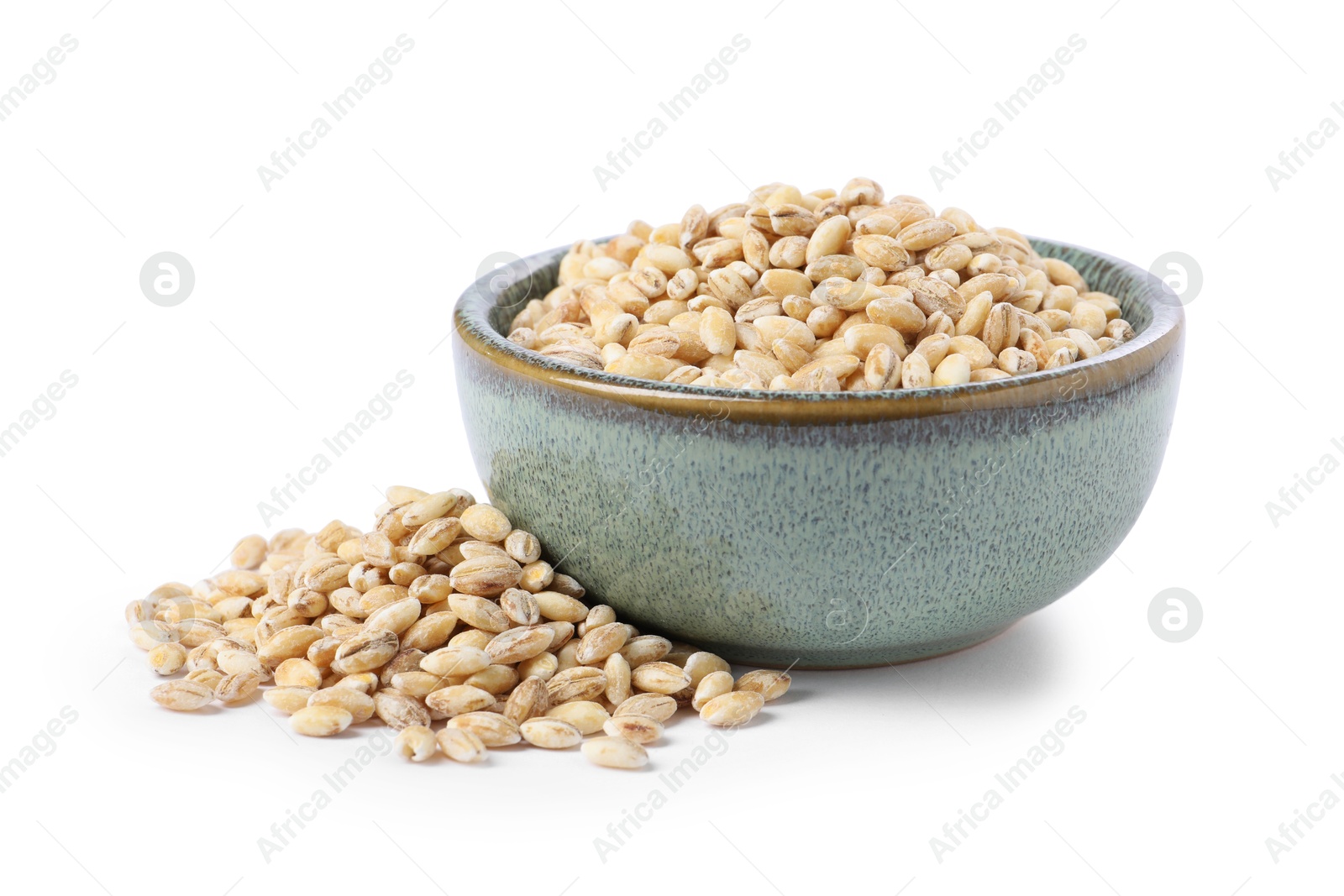 Photo of Pearl barley groats in bowl isolated on white