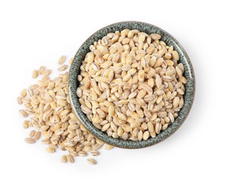 Pearl barley groats in bowl isolated on white, top view