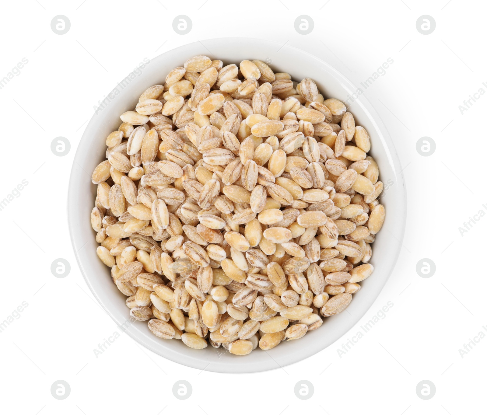 Photo of Pearl barley groats in bowl isolated on white, top view