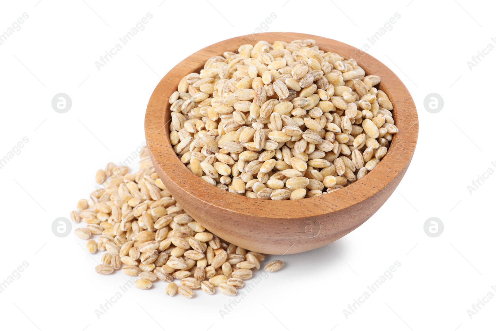 Photo of Pearl barley groats in bowl isolated on white