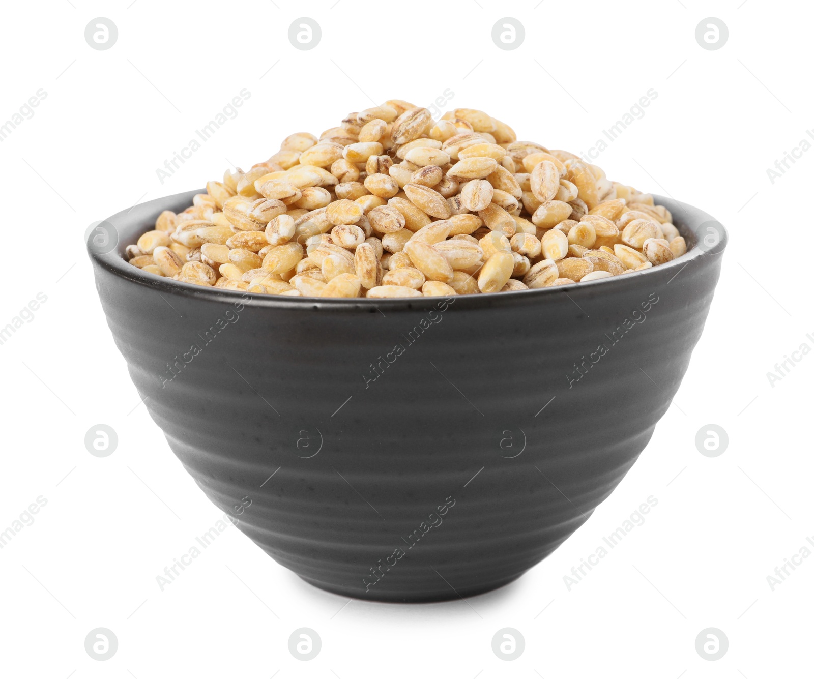 Photo of Pearl barley groats in bowl isolated on white