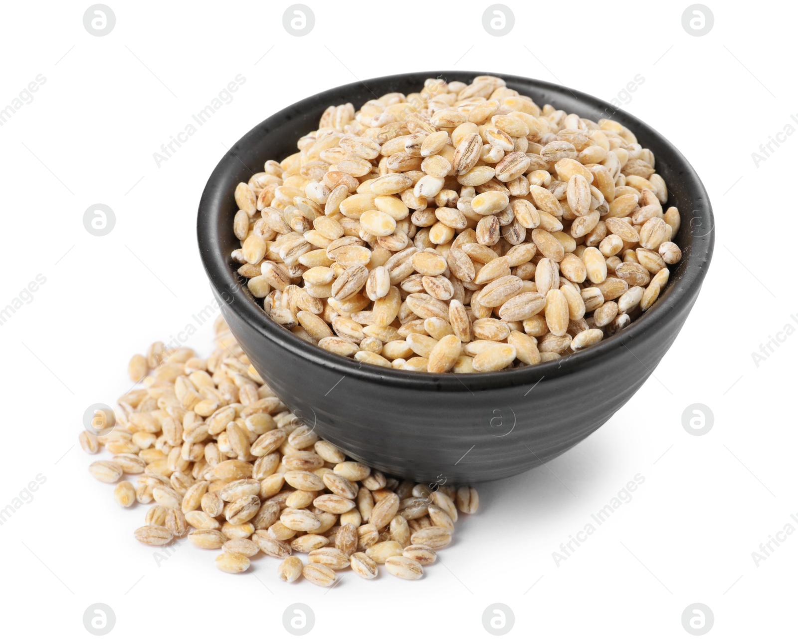 Photo of Pearl barley groats in bowl isolated on white