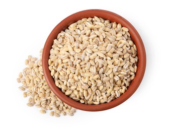 Photo of Pearl barley groats in bowl isolated on white, top view