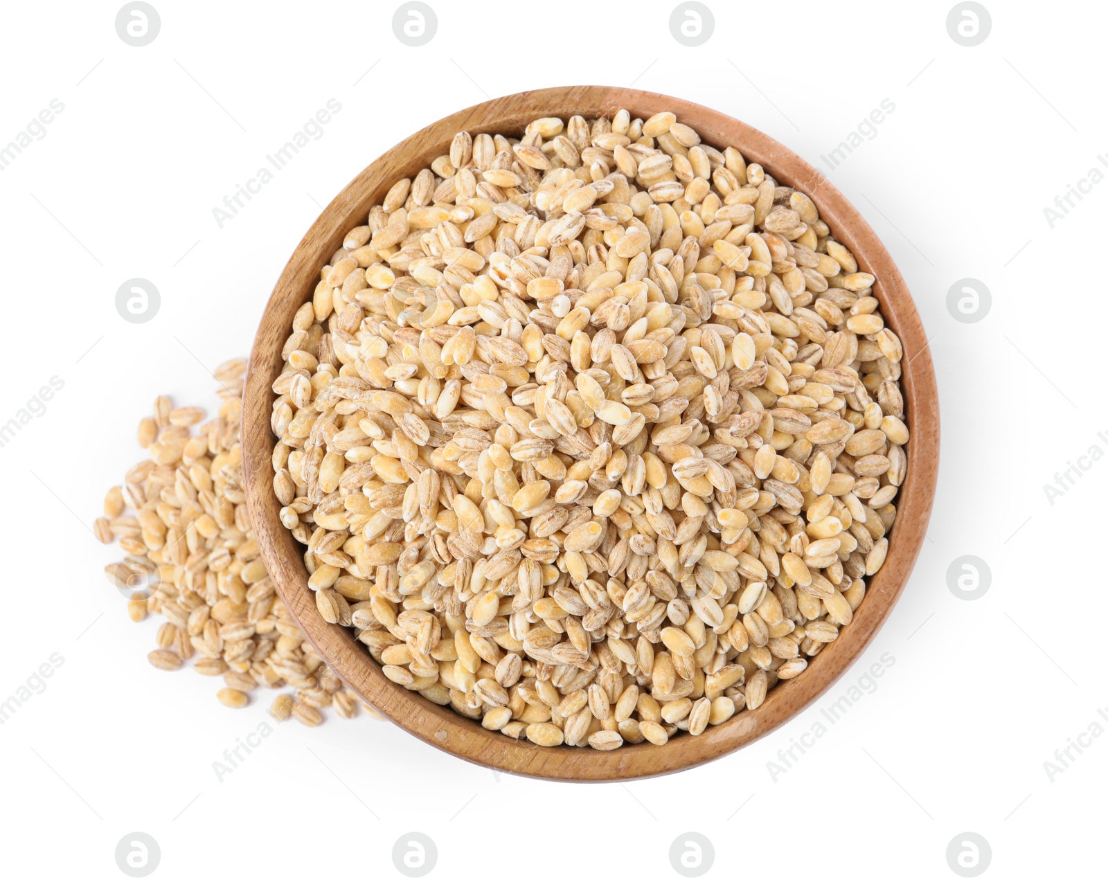 Photo of Pearl barley groats in bowl isolated on white, top view