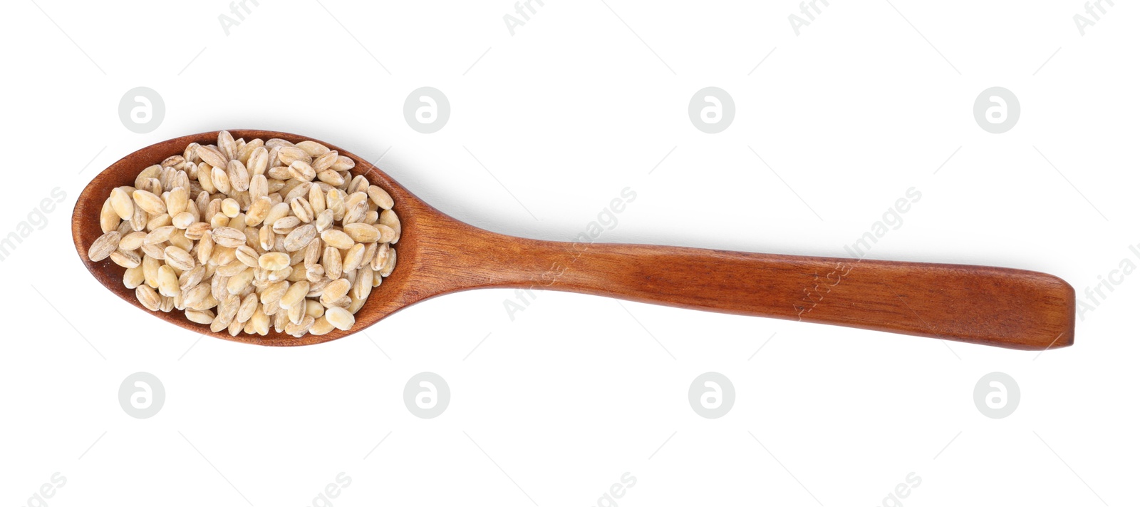 Photo of Spoon with pearl barley groats isolated on white, top view