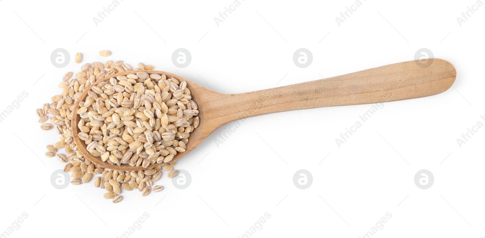 Photo of Spoon with pearl barley groats isolated on white, top view