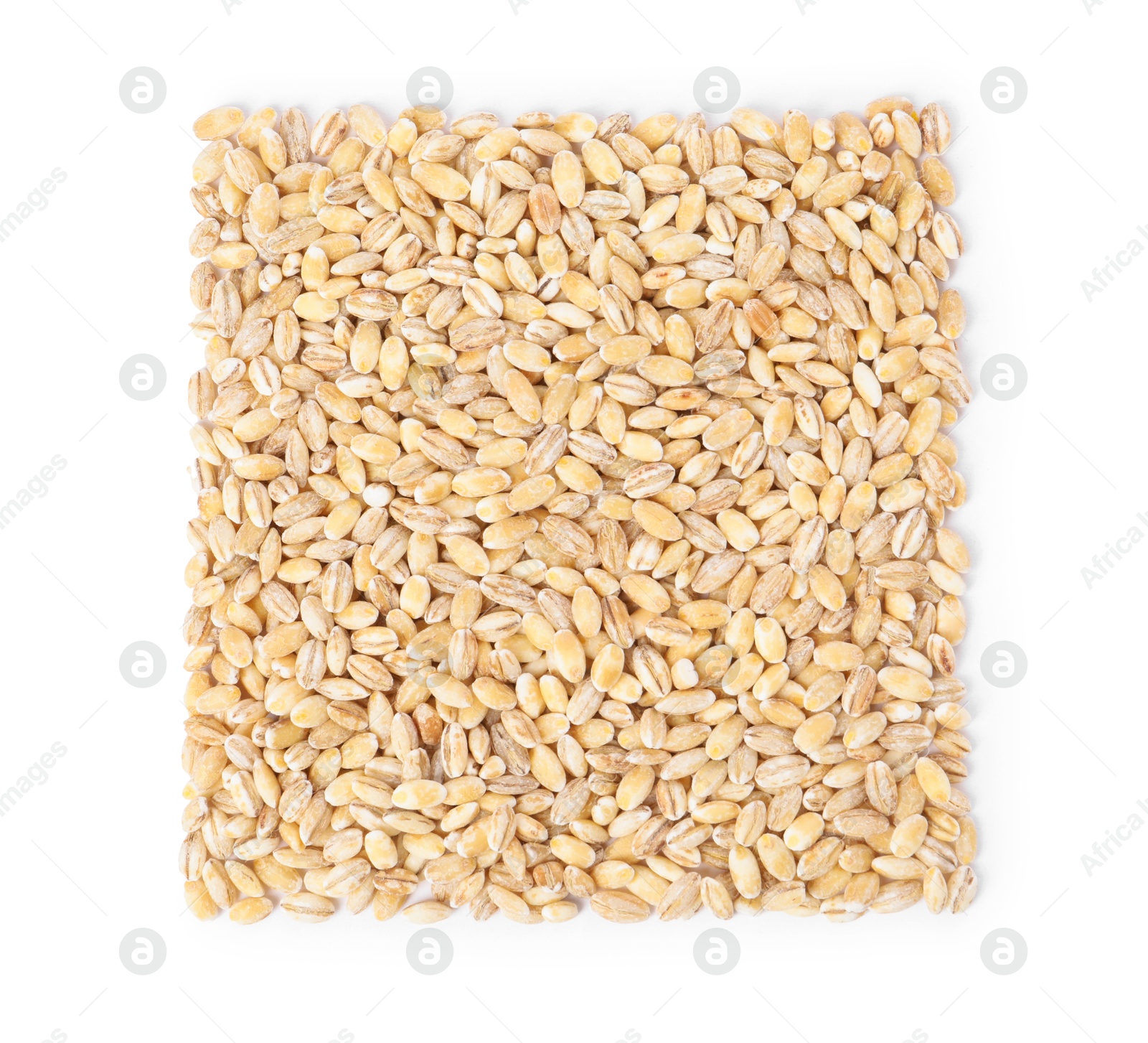 Photo of Pile of pearl barley groats isolated on white, top view