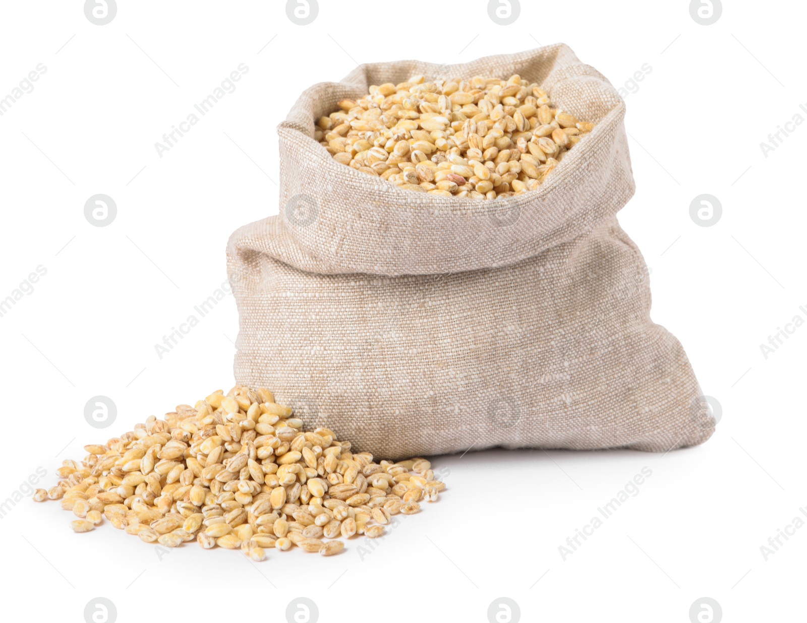 Photo of Pearl barley groats in sack isolated on white