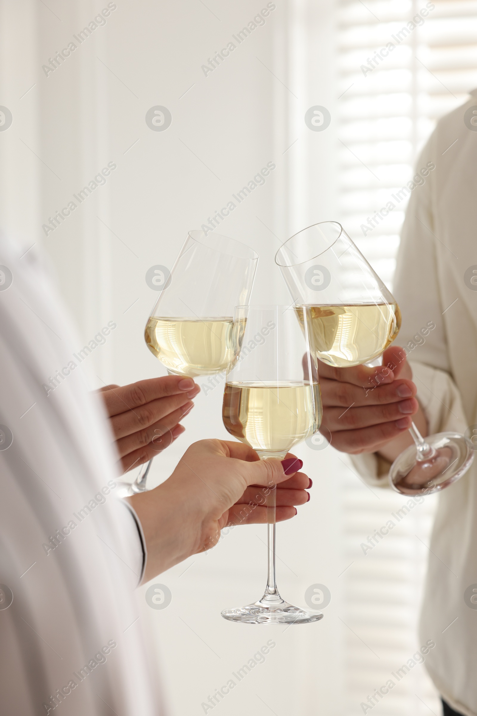 Photo of People clinking glasses of wine indoors, closeup