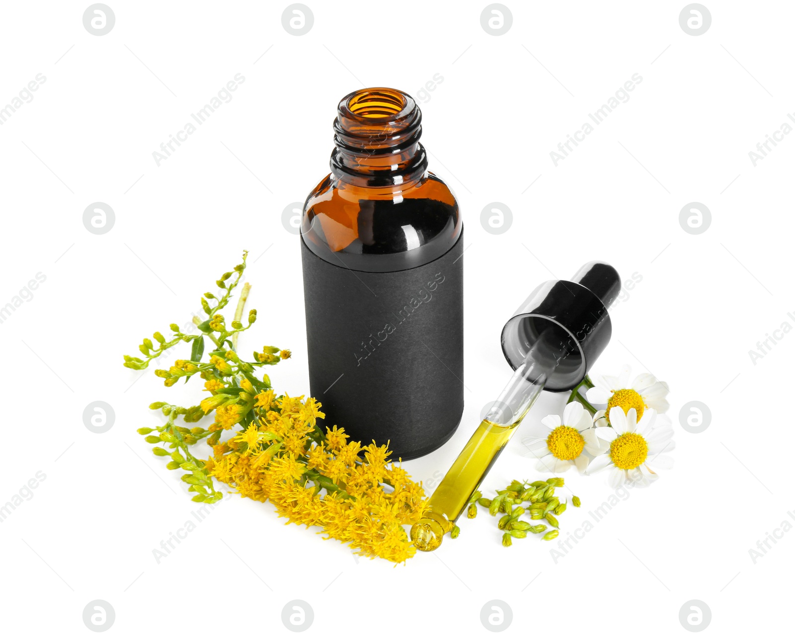 Photo of Bottle of tincture and flowers isolated on white