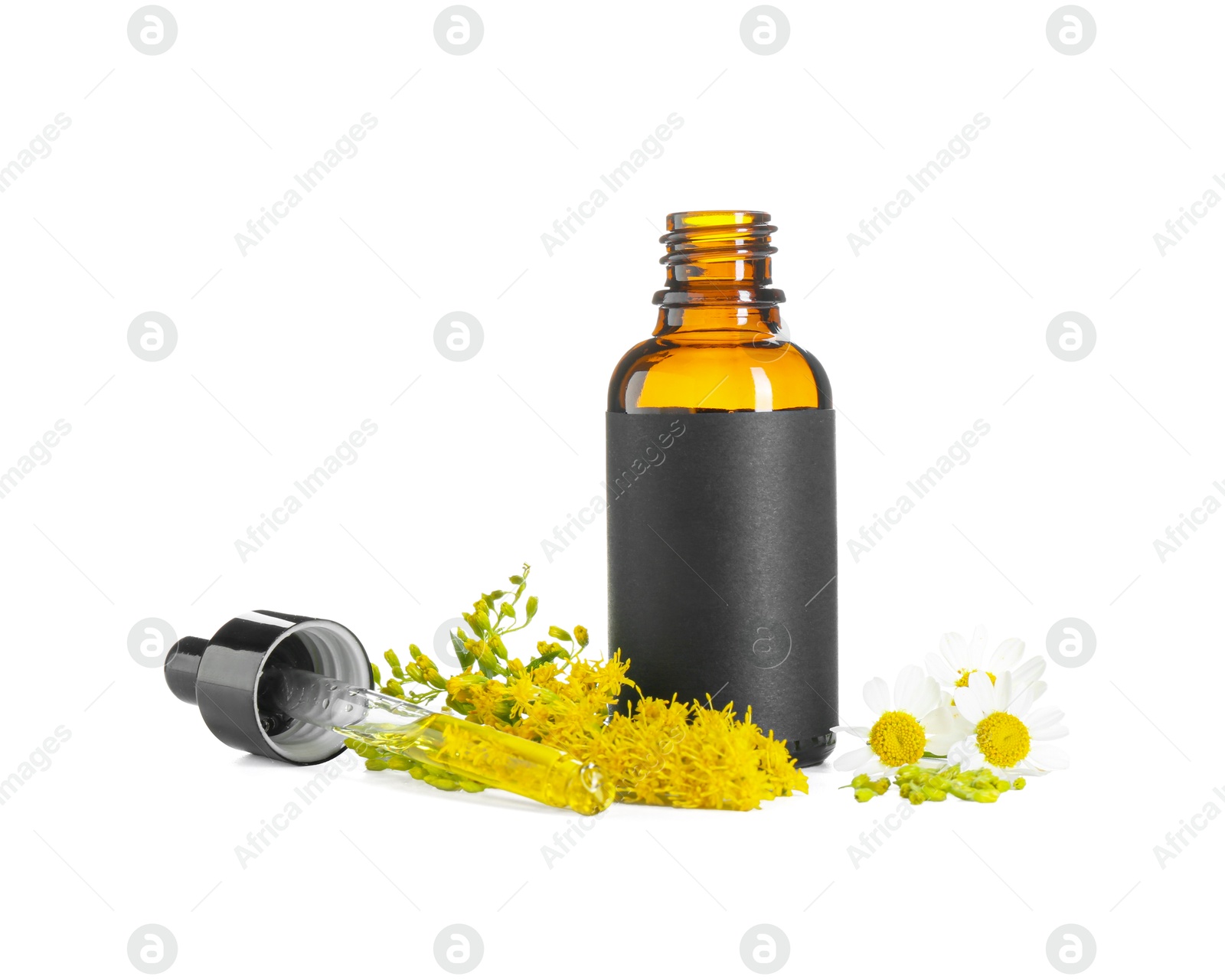 Photo of Bottle of tincture and flowers isolated on white