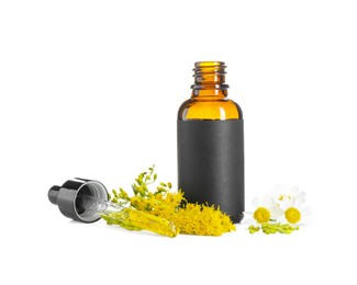 Photo of Bottle of tincture and flowers isolated on white