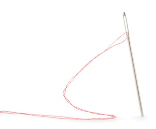 Photo of Sewing needle with red thread isolated on white