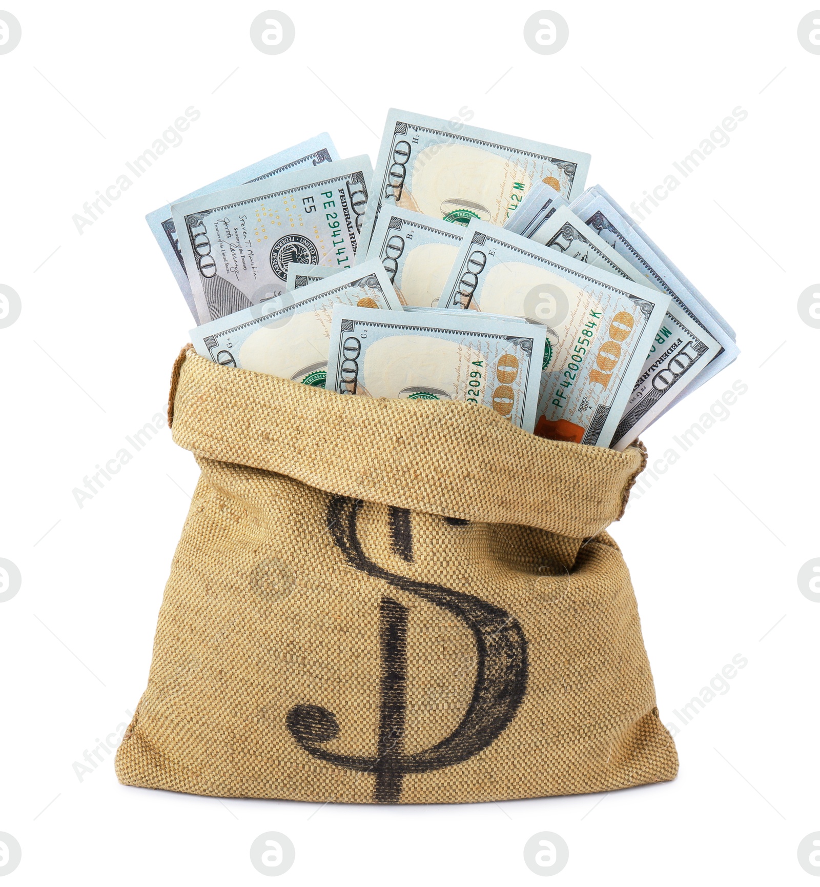 Photo of Dollar banknotes in bag isolated on white