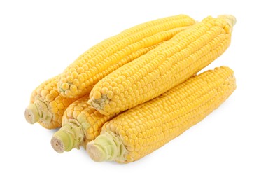 Photo of Many fresh ripe corncobs isolated on white