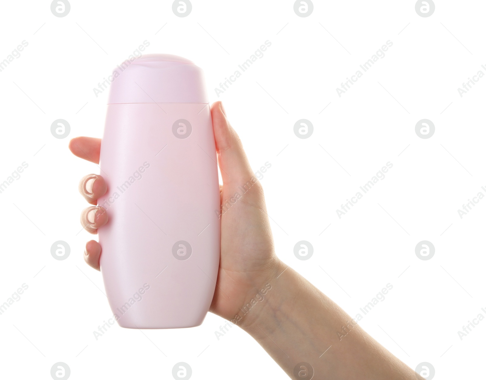 Photo of Woman with shampoo bottle on white background, closeup