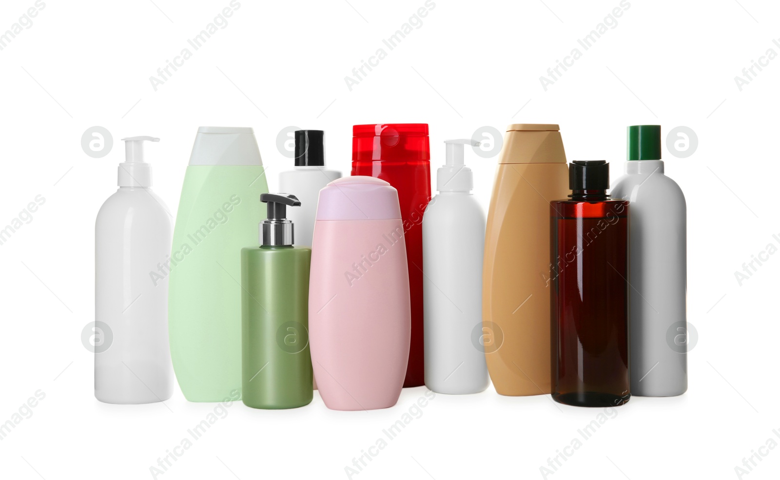 Photo of Many shampoo bottles isolated on white. Personal care product