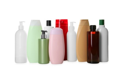 Photo of Many shampoo bottles isolated on white. Personal care product