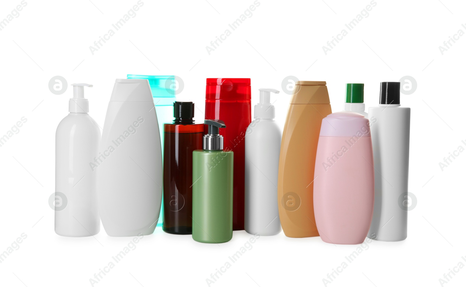 Photo of Many shampoo bottles isolated on white. Personal care product