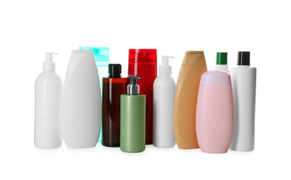 Photo of Many shampoo bottles isolated on white. Personal care product