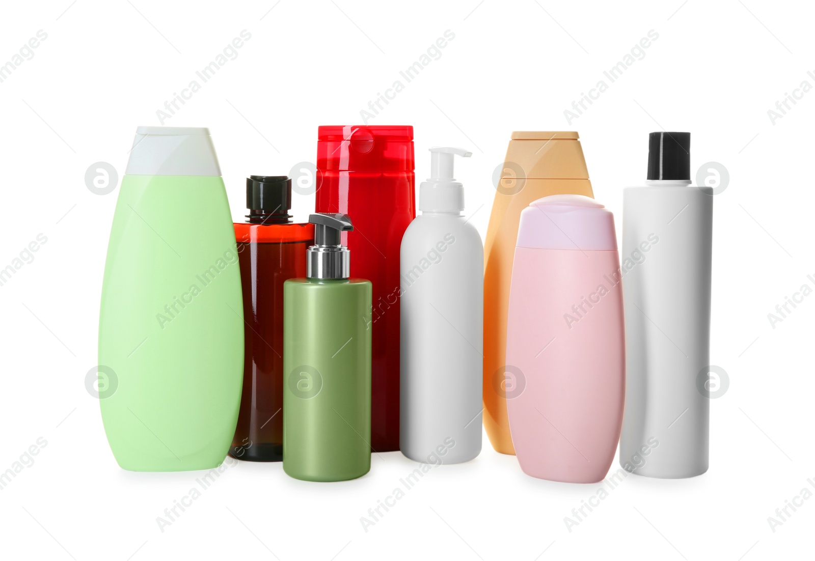 Photo of Many shampoo bottles isolated on white. Personal care product