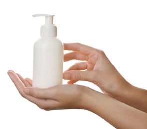 Photo of Woman with shampoo bottle on white background, closeup