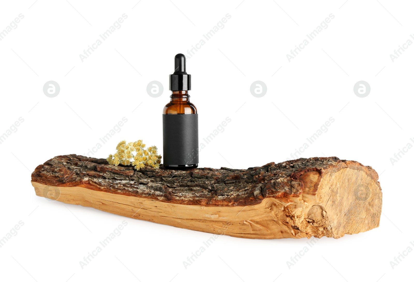 Photo of Tincture in bottle, flowers and wooden snag on white background