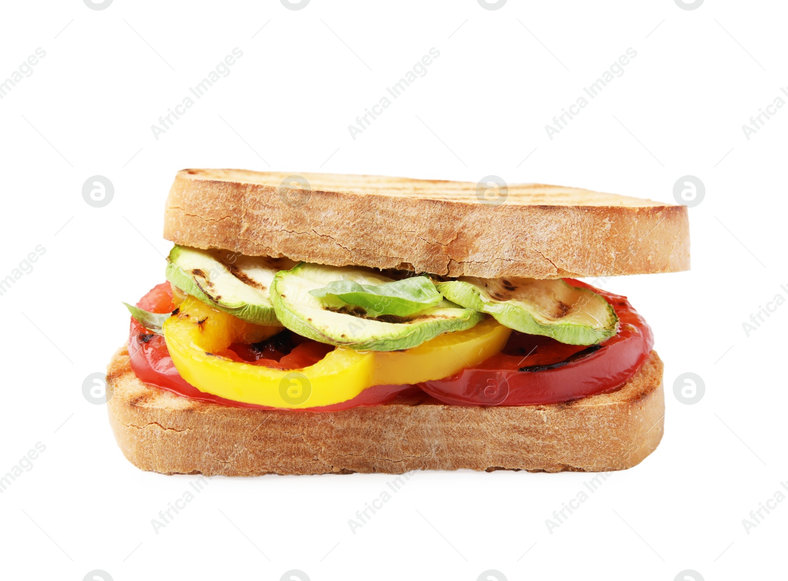 Photo of Tasty sandwich with grilled vegetables isolated on white