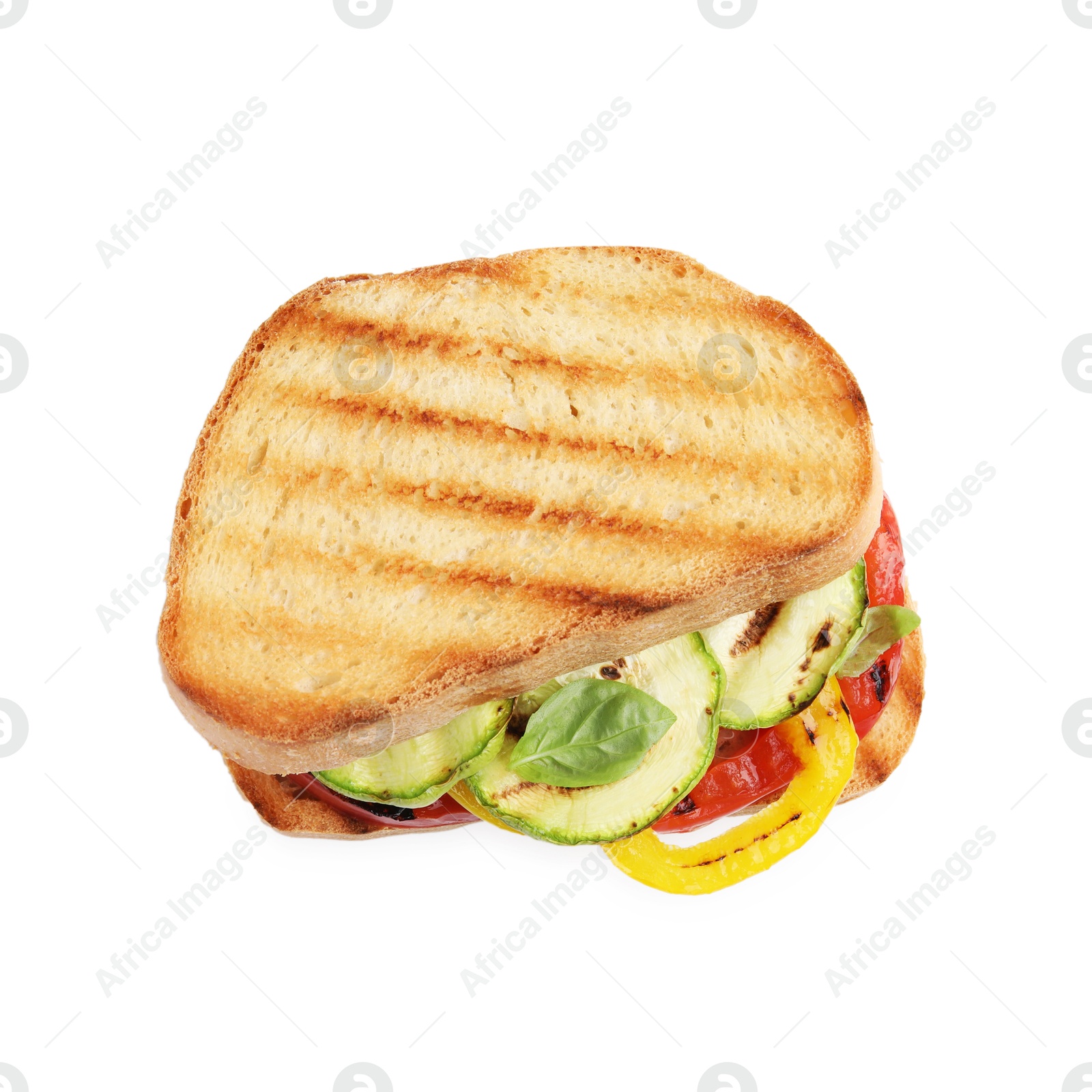 Photo of Tasty sandwich with grilled vegetables isolated on white, top view