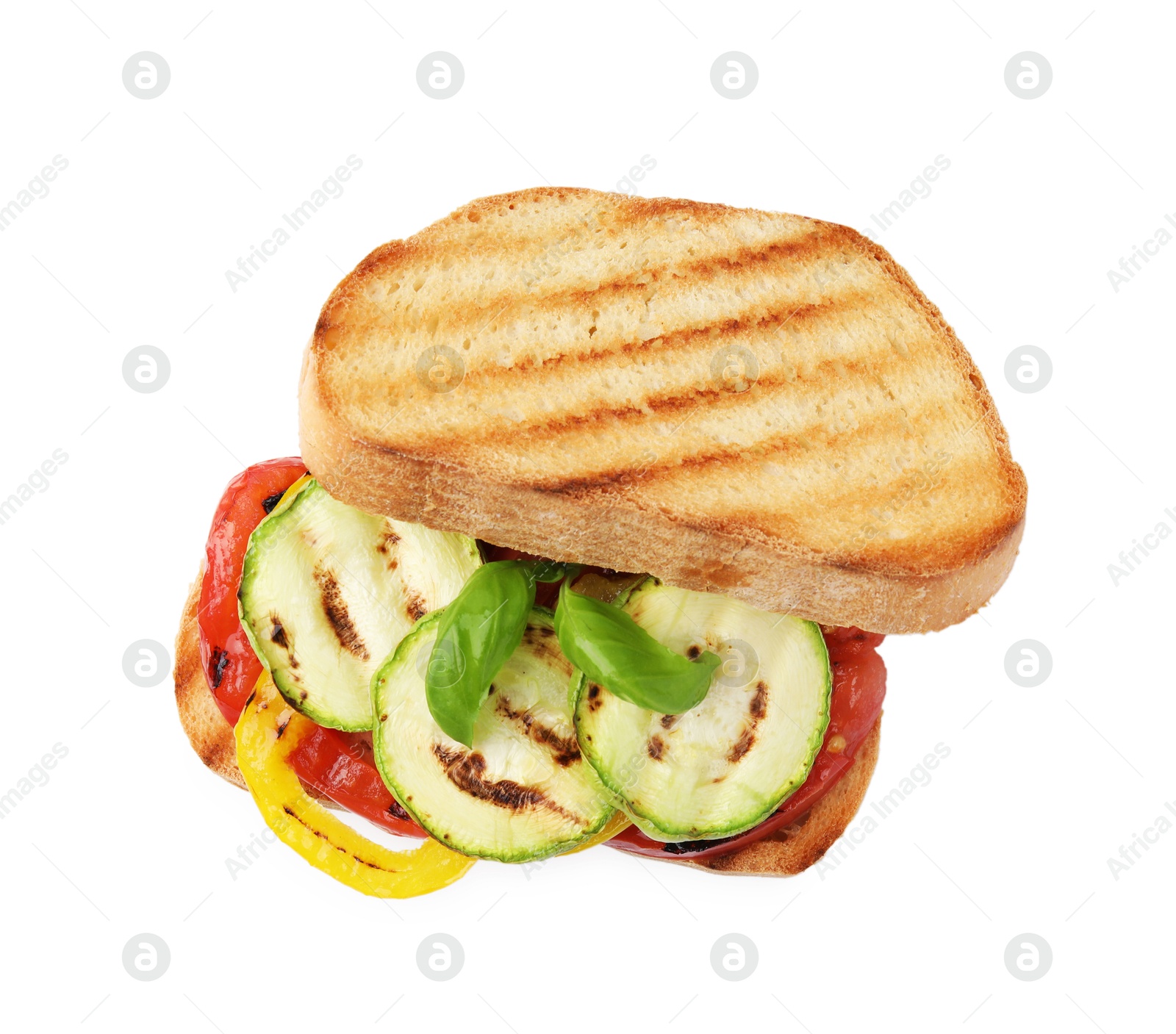 Photo of Tasty sandwich with grilled vegetables isolated on white, top view