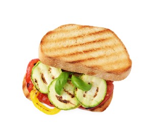 Tasty sandwich with grilled vegetables isolated on white, top view