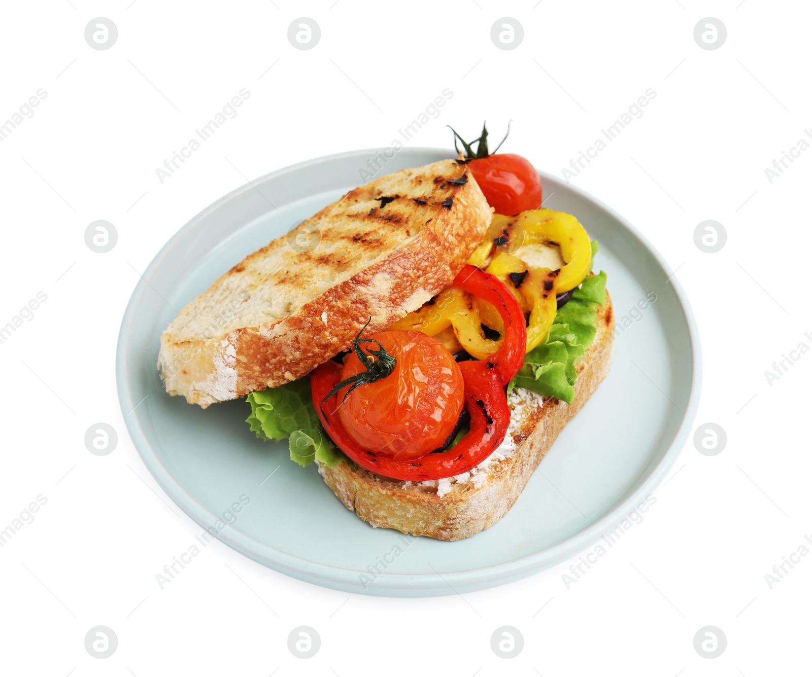 Photo of Tasty sandwich with grilled vegetables and cream cheese isolated on white