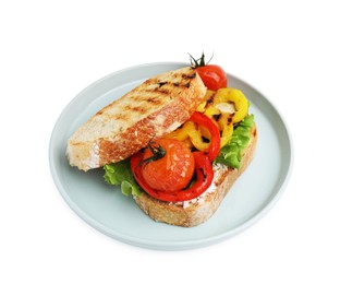 Photo of Tasty sandwich with grilled vegetables and cream cheese isolated on white