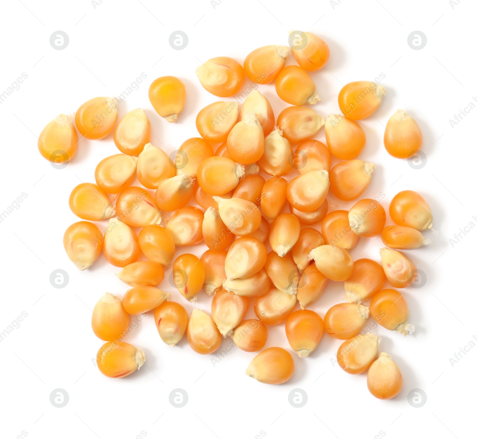 Photo of Pile of fresh corn kernels isolated on white, top view