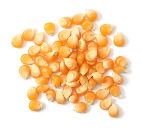 Pile of fresh corn kernels isolated on white, top view