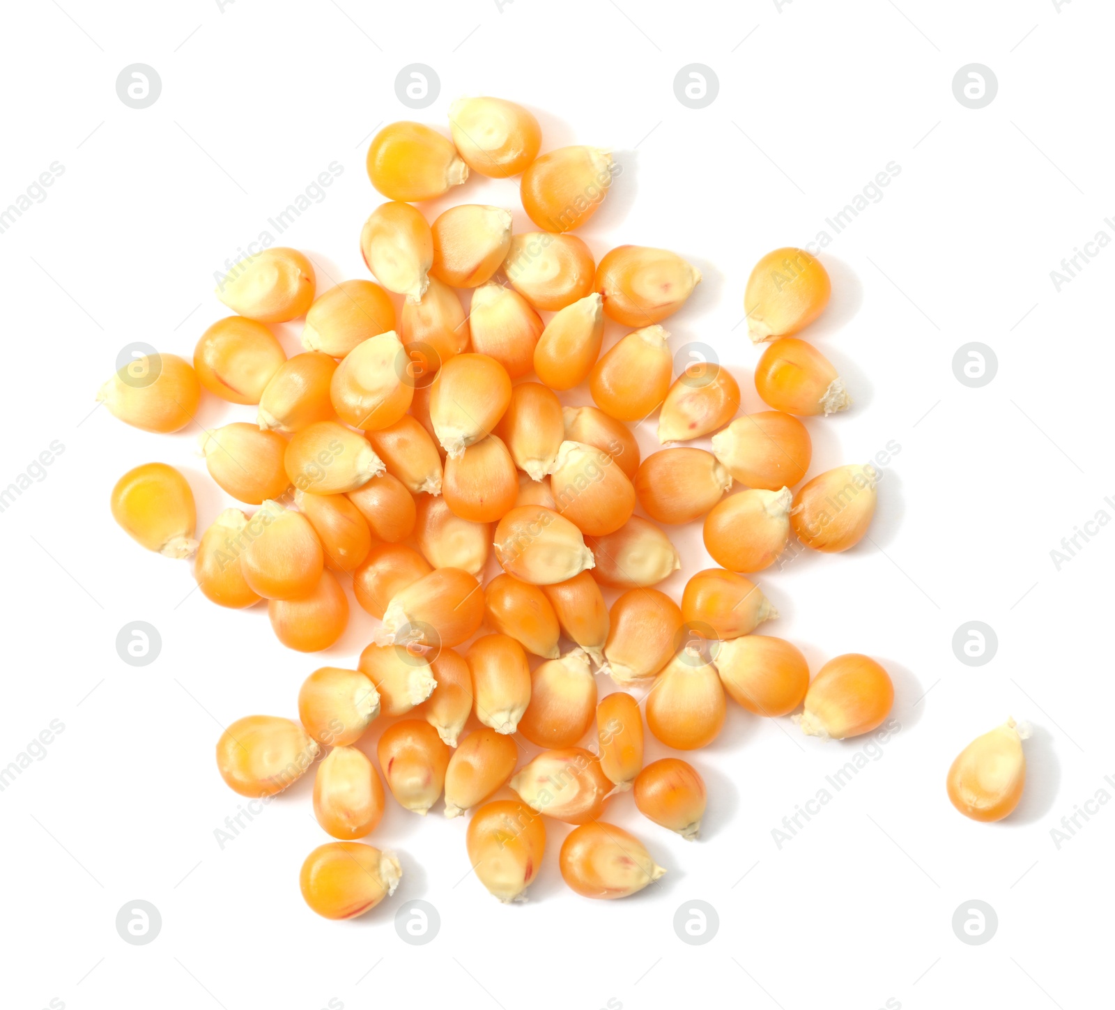 Photo of Pile of fresh corn kernels isolated on white, top view