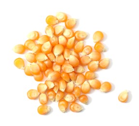 Photo of Pile of fresh corn kernels isolated on white, top view