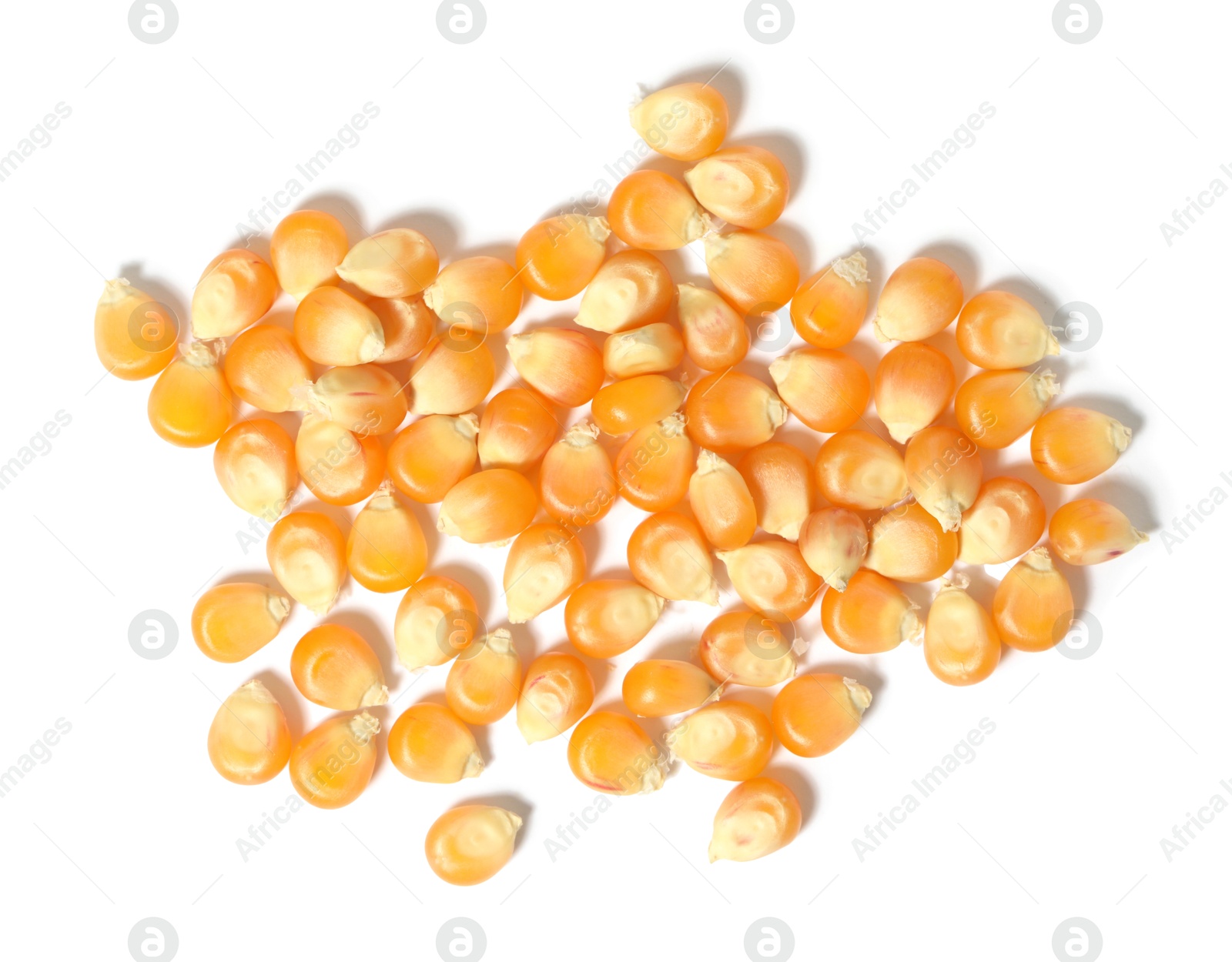 Photo of Pile of fresh corn kernels isolated on white, top view