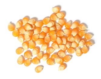 Pile of fresh corn kernels isolated on white, top view