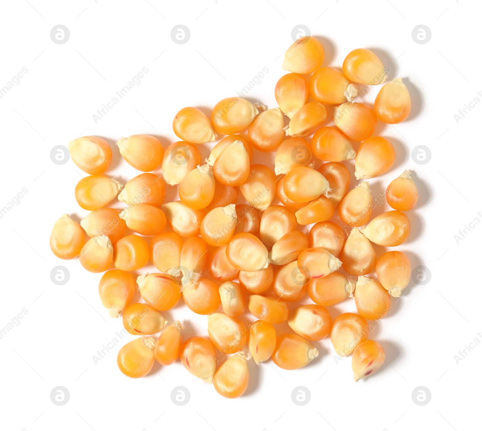 Photo of Pile of fresh corn kernels isolated on white, top view