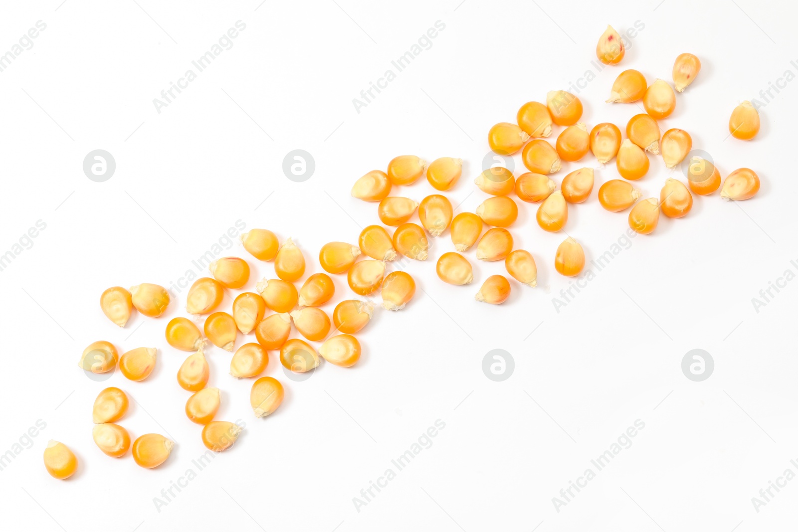 Photo of Many fresh corn kernels on white background, flat lay